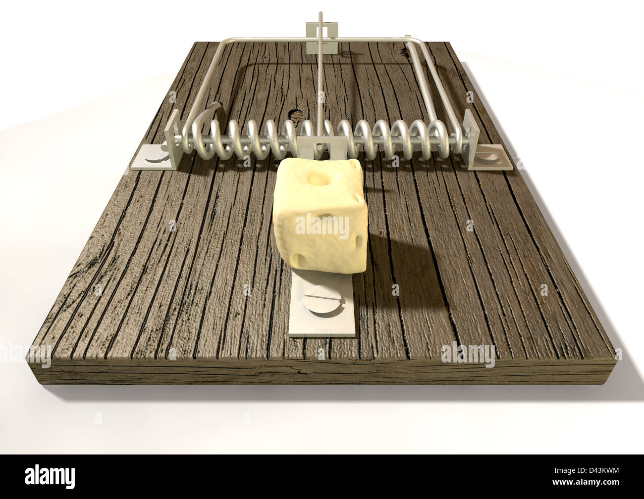 Un normale legno e metallo mousetrap innescata con un blocco di formaggio su un sfondo isolato Foto Stock