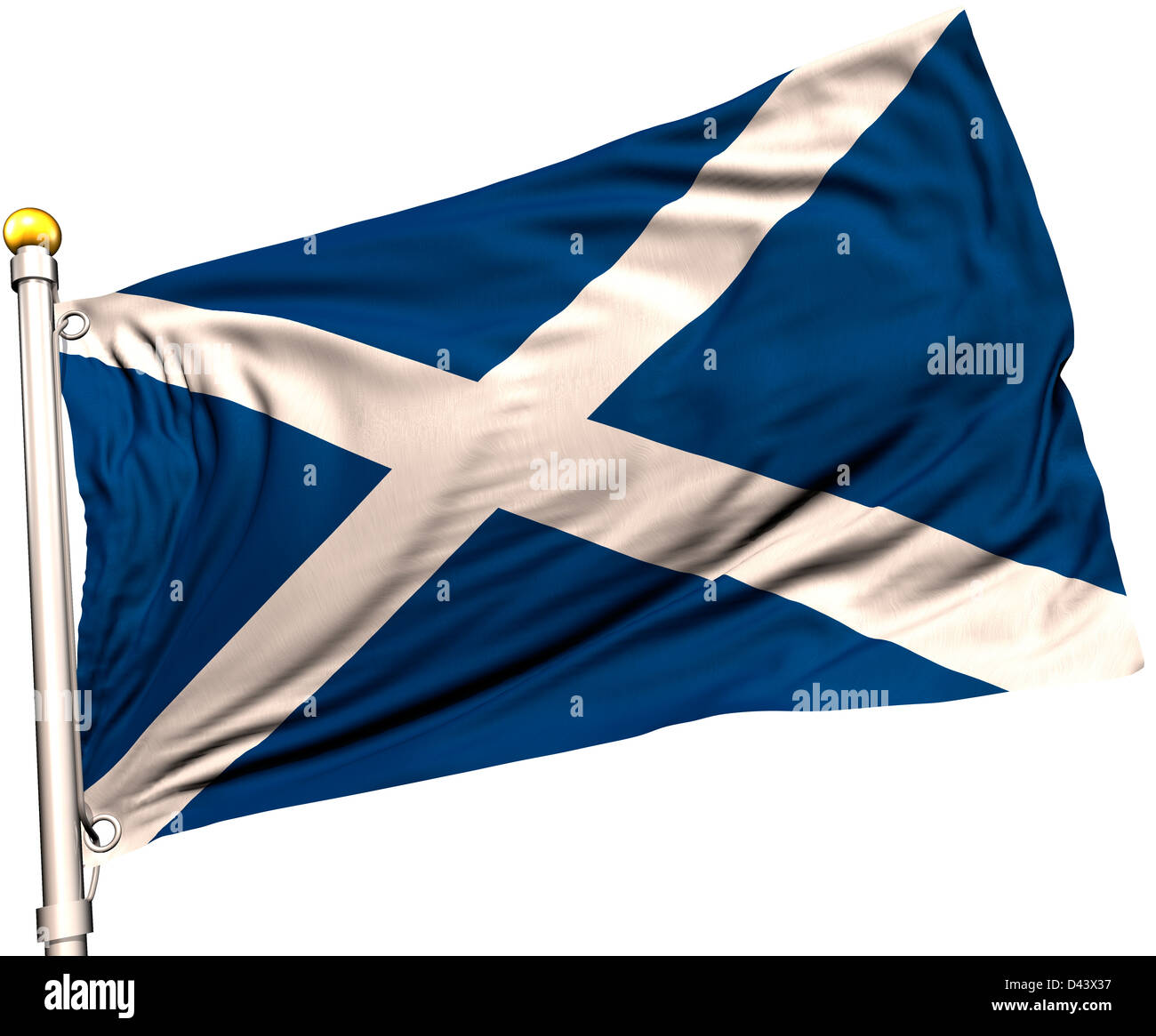 Scozia bandiera su un palo di bandiera. Percorso di clipping incluso. Tessitura della seta visibile sulla bandiera a 100%. Foto Stock