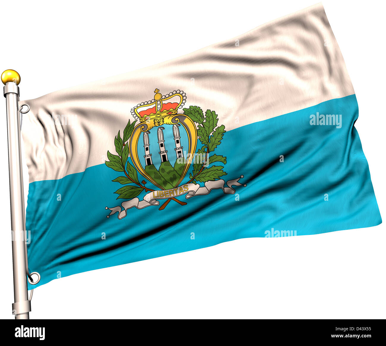 San Marino bandiera su un palo di bandiera. Percorso di clipping incluso. Tessitura della seta visibile sulla bandiera a 100%. Foto Stock