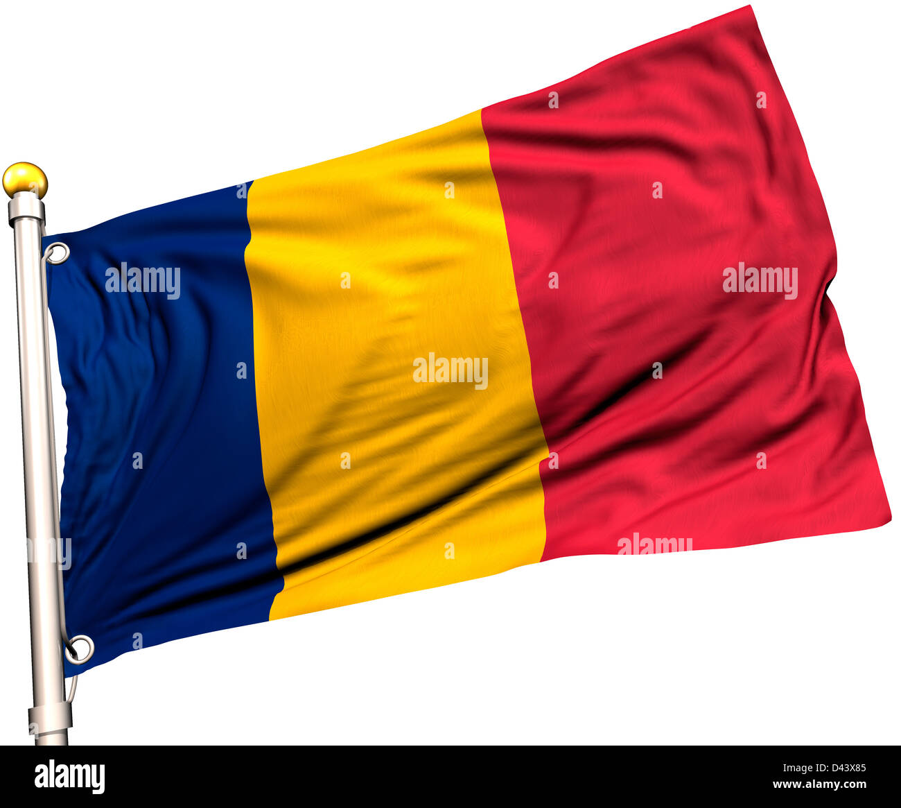 Bandiera della Romania a un flag pole. Percorso di clipping incluso. Tessitura della seta visibile sulla bandiera a 100%. Foto Stock