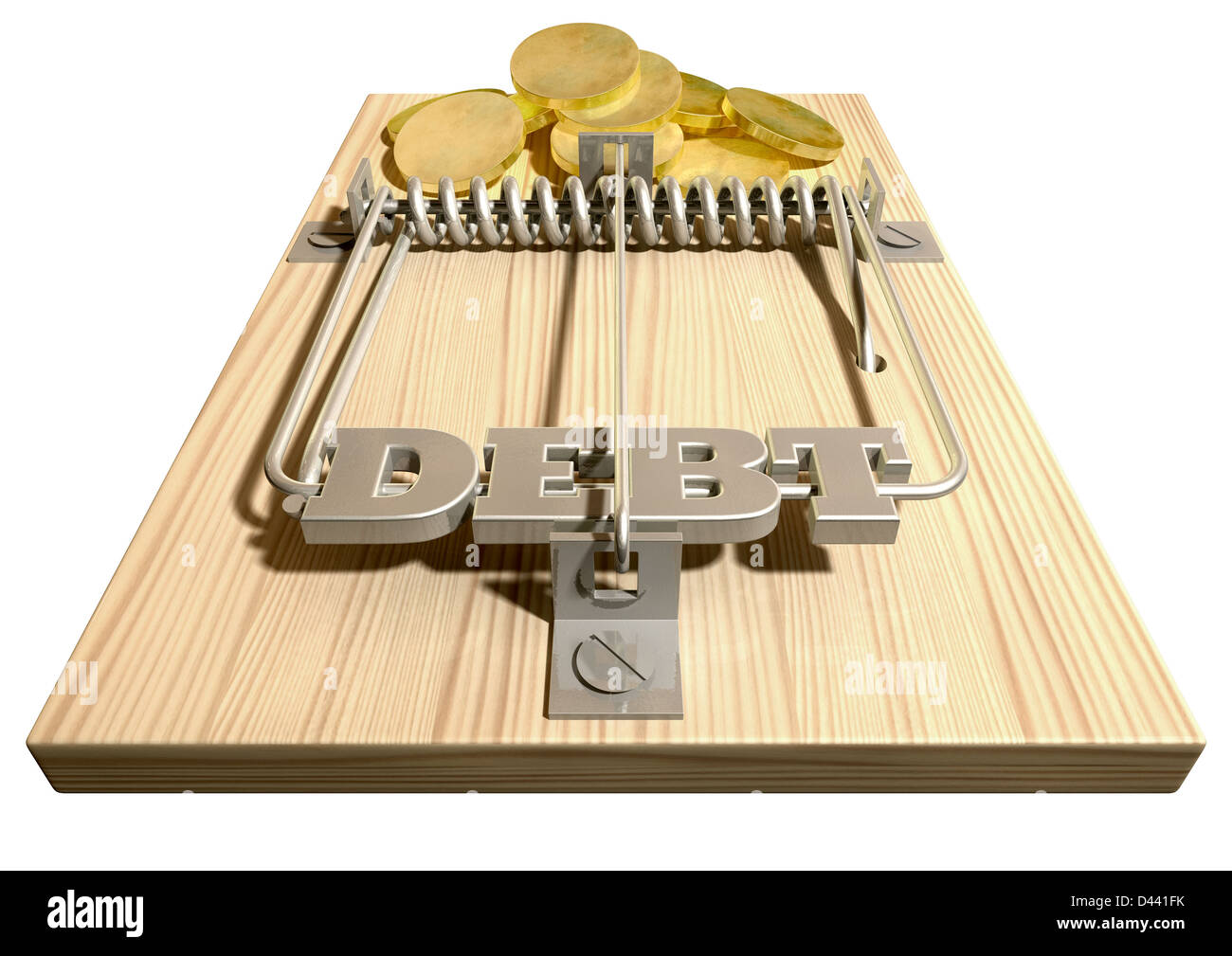 Un normale legno e metallo mouse trap con monete come esca e springbar con il debito di parola su di esso su un sfondo isolato Foto Stock
