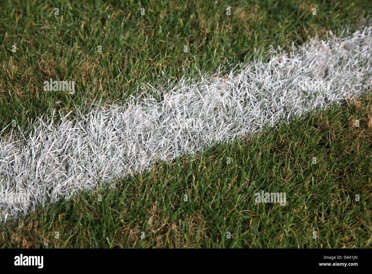 Linea bianca su un campo da calcio in erba Foto Stock