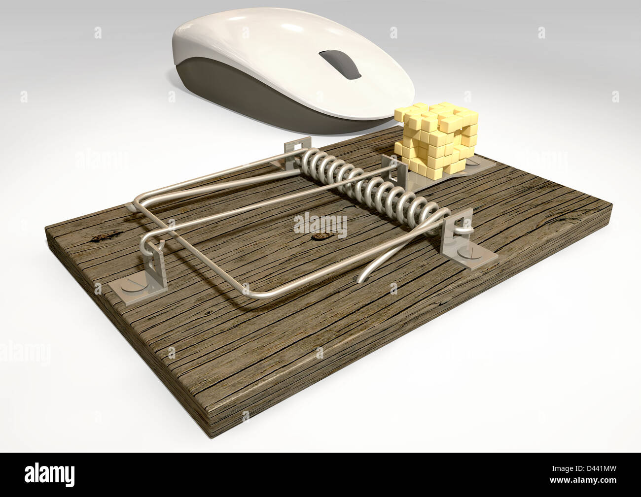Un normale legno e metallo mousetrap innescata con una rappresentazione di un blocco di formaggio in pixel di essere guardato da un calcolatore bianco mo Foto Stock