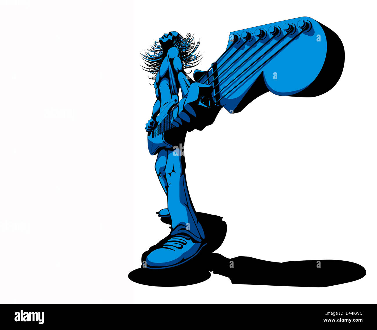 Una illustrazione di un eccentrico, skinny, capelli lunghi chitarrista rock in prospettiva sotto una macchia blu luce Foto Stock