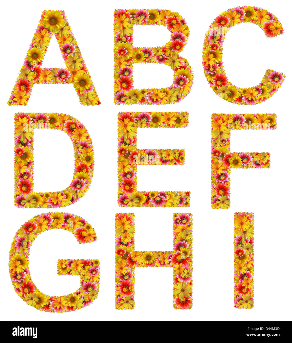 Fiori lettere da A a I su uno sfondo bianco. Foto Stock Fiori lettere da A a I su uno sfondo bianco. Foto Stock
