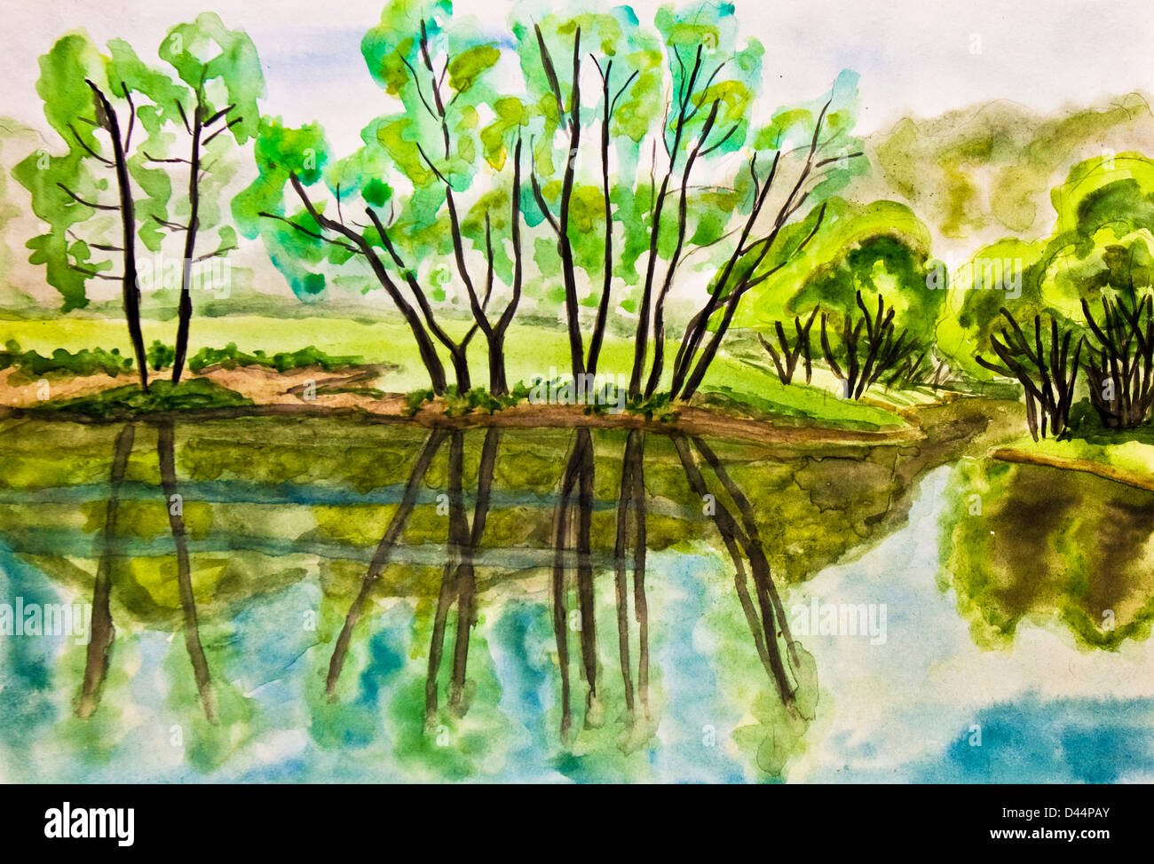 Dipinto a mano foto, acquerelli - estate paesaggio con gli alberi di salice  vicino al lago Foto stock - Alamy