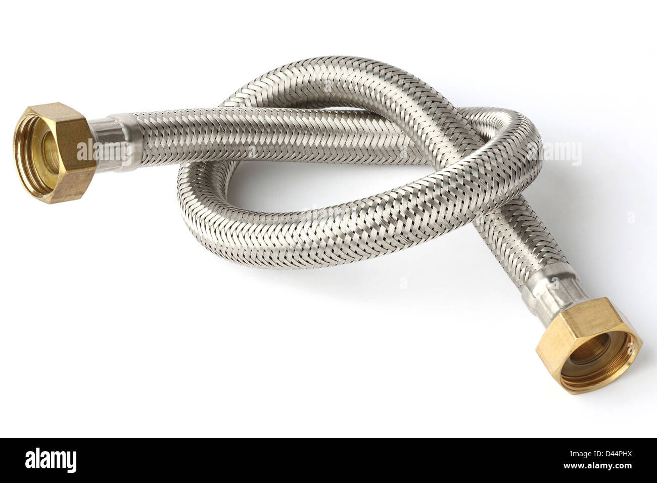 Acciaio inossidabile tubo flessibile per acqua isolato su bianco Foto Stock