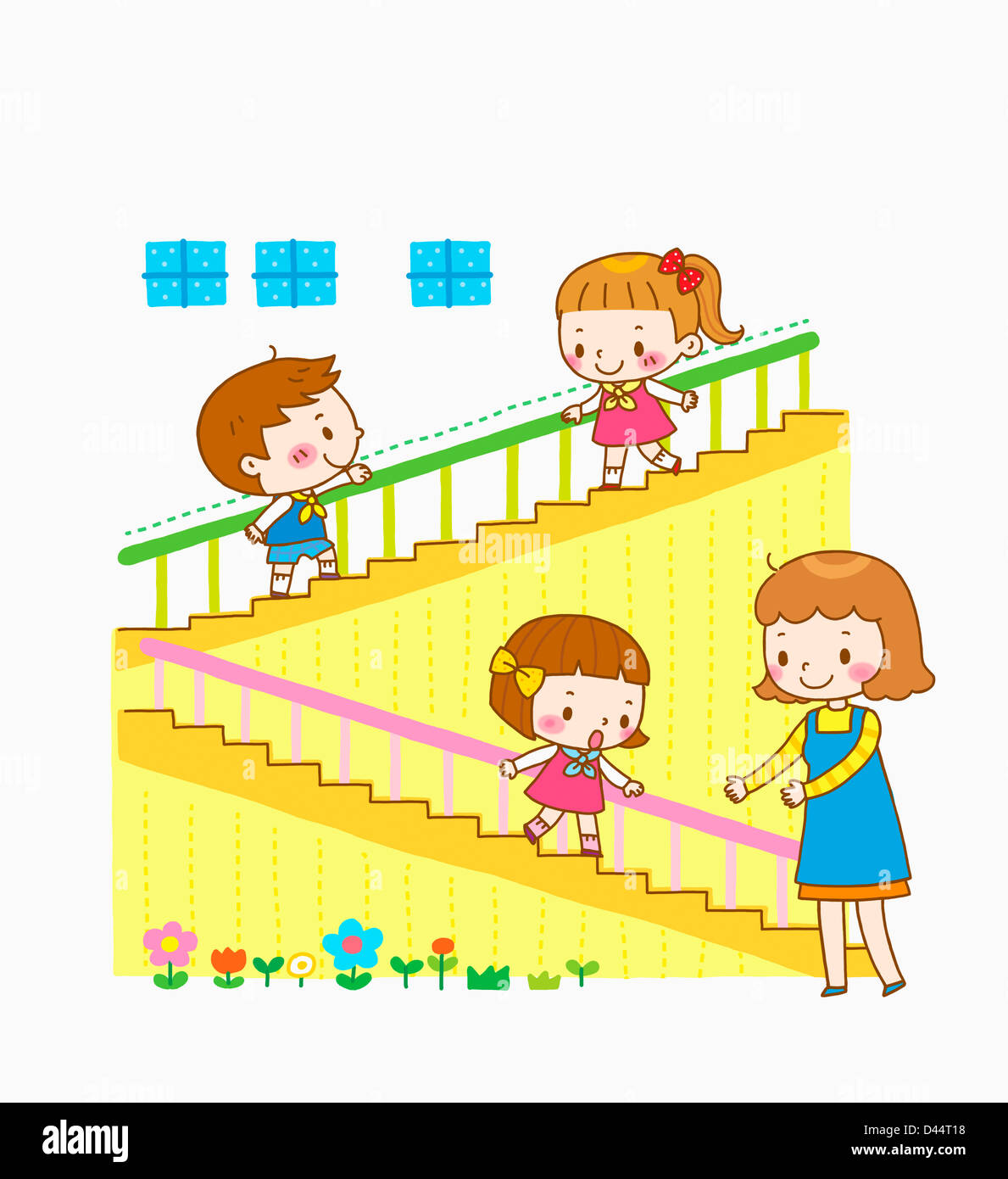 Illustrazione dei bambini nelle scale a scuola Foto Stock