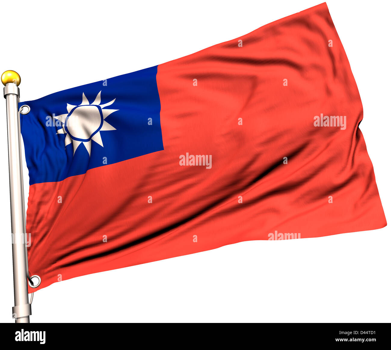 Bandiera di Taiwan su un palo di bandiera. Percorso di clipping incluso. Tessitura della seta visibile sulla bandiera a 100%. Foto Stock
