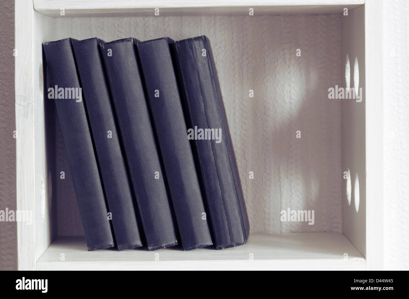 Cinque libri simili libri nero su bianco scaffale Foto Stock
