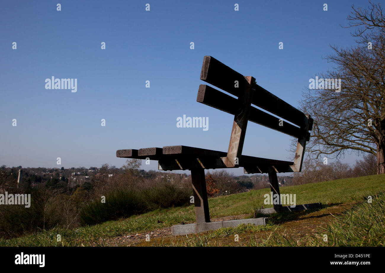Svuotare una panchina nel parco, cielo blu. Foto Stock