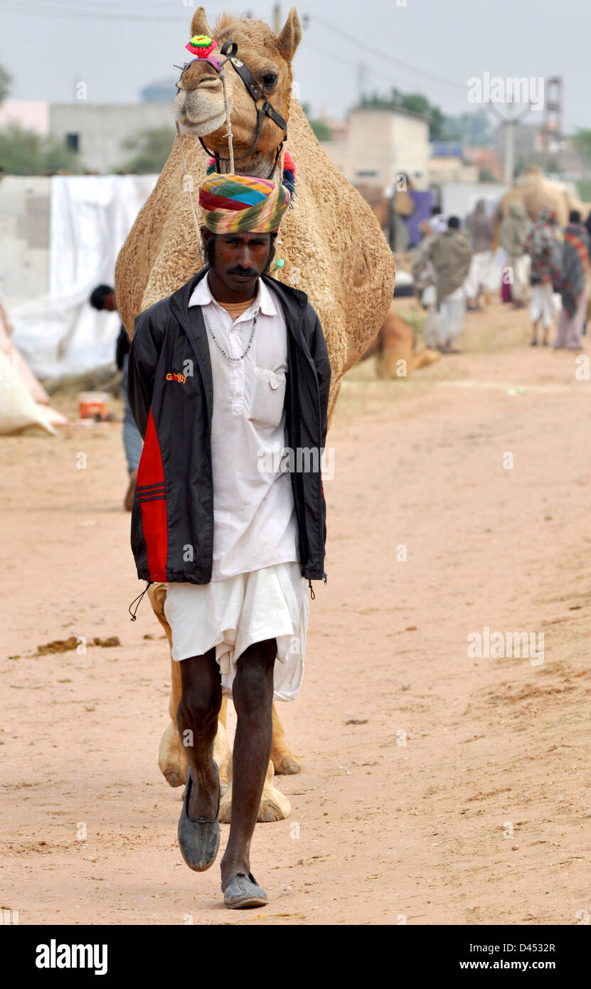 Un venditore con il suo cammello durante la fiera del bestiame nella parte occidentale della città indiana di Nagaur, in Rajasthan Foto Stock