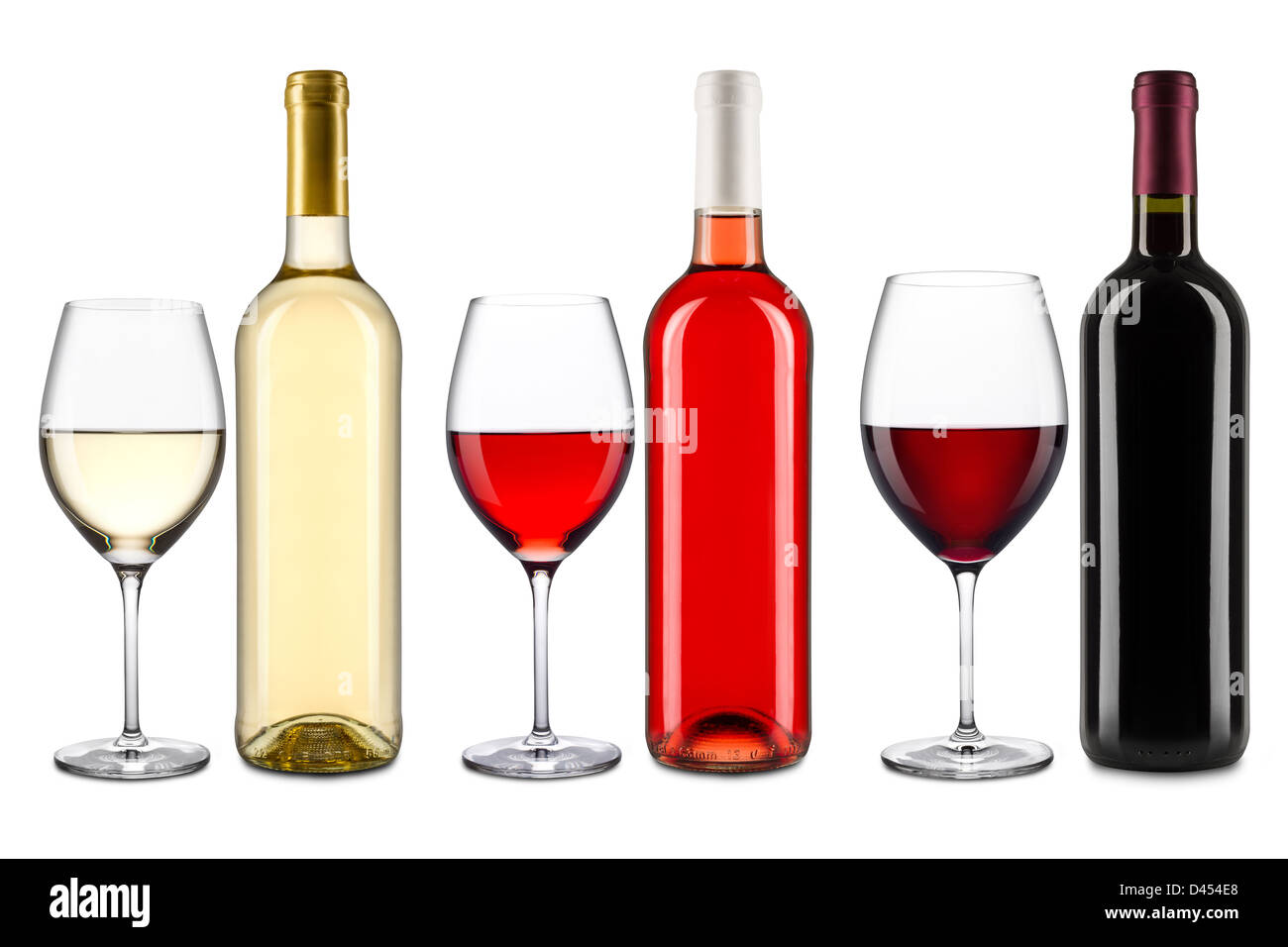 Set di bottiglie di vino e bicchieri Foto Stock