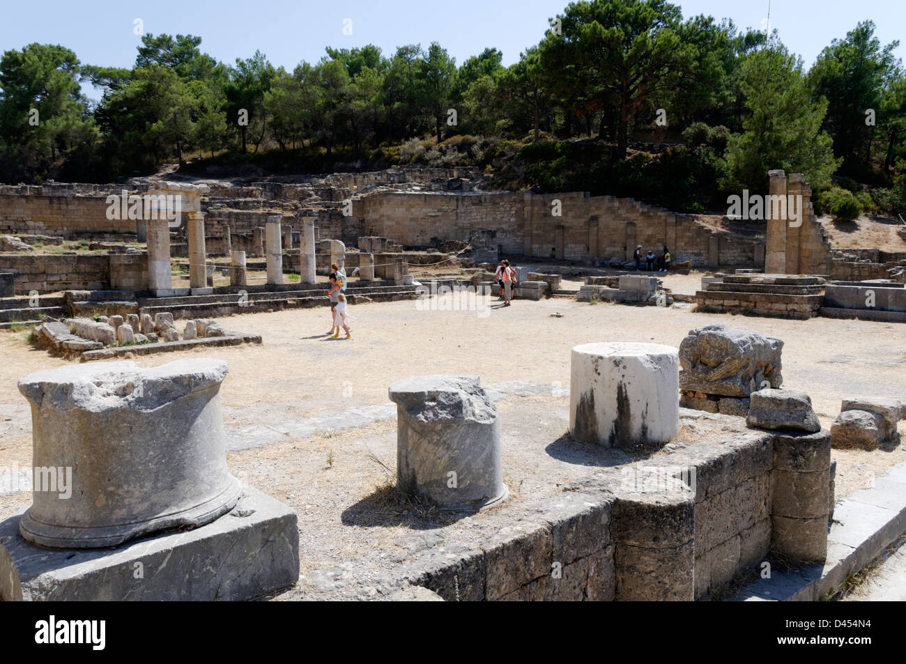 Rodi. La Grecia. Il III secolo A.C. tempio dorico rovine, un santuario con altari, una vasca da bagno Casa e Piazza Fontana. Antica Kameiros Foto Stock