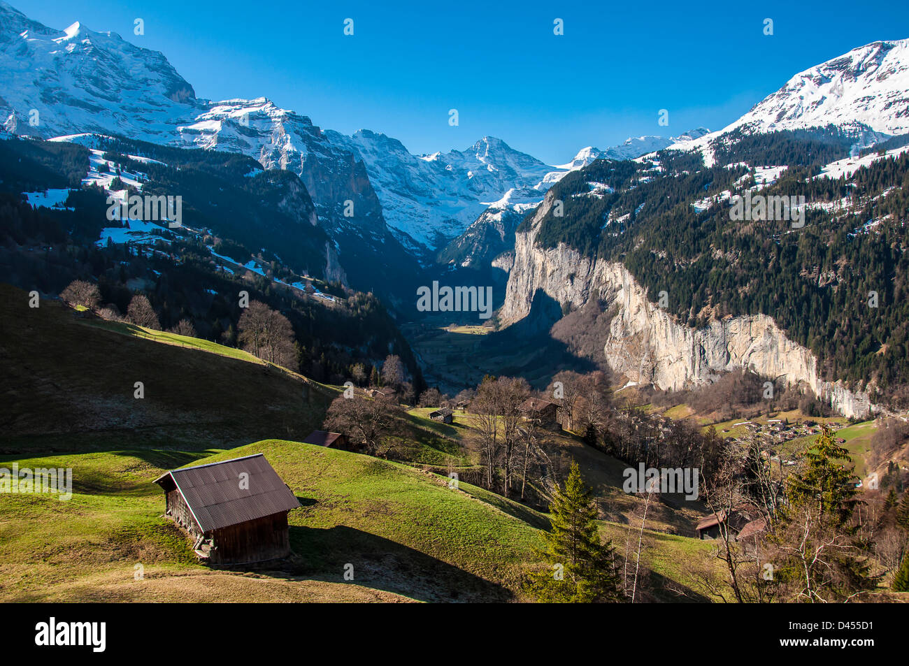 La Jungfrau, Lauterbrunnen parete e Valle di Lauterbrunnen Foto Stock