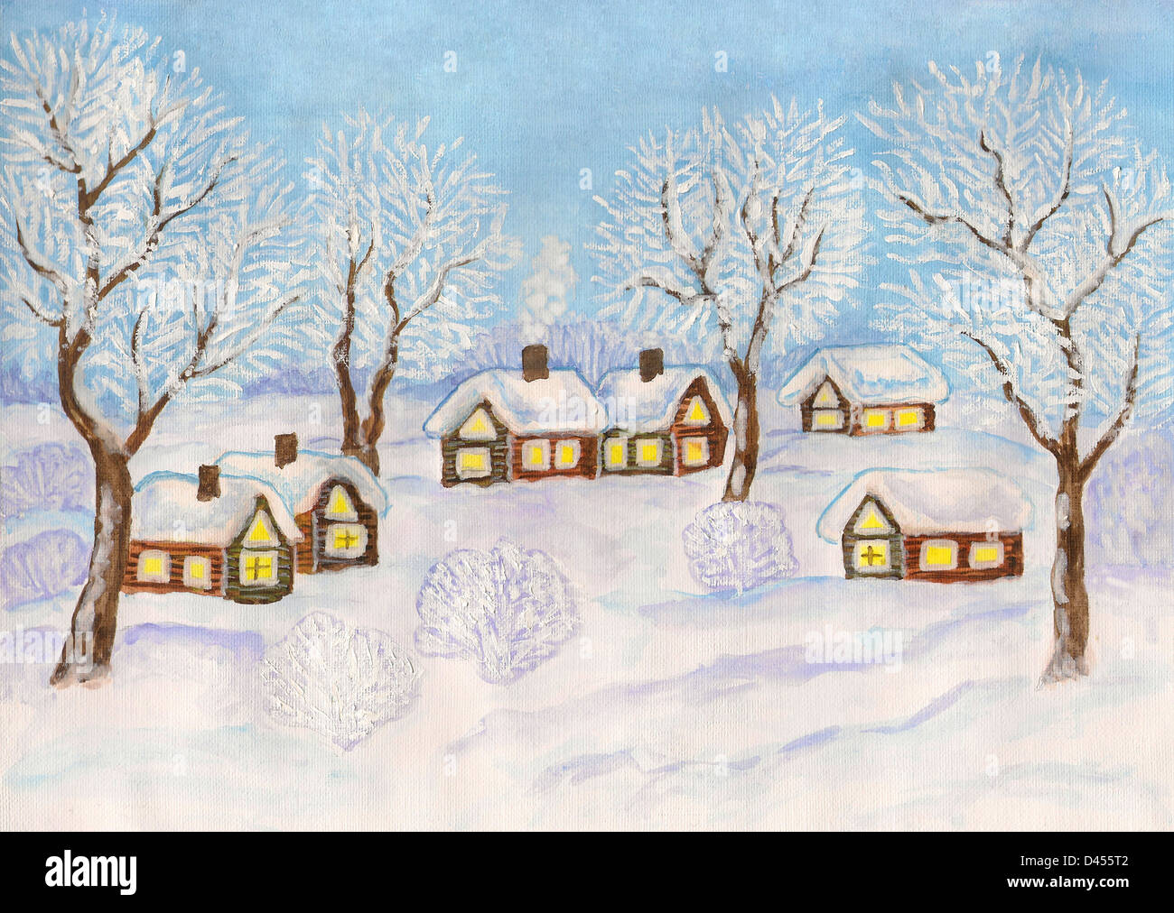 Dipinto A Mano Illustrazione Di Natale Acquarelli E Gouache Bianco Paesaggio Invernale Villaggio Con Case E Alberi Sul Cielo Blu Foto Stock Alamy