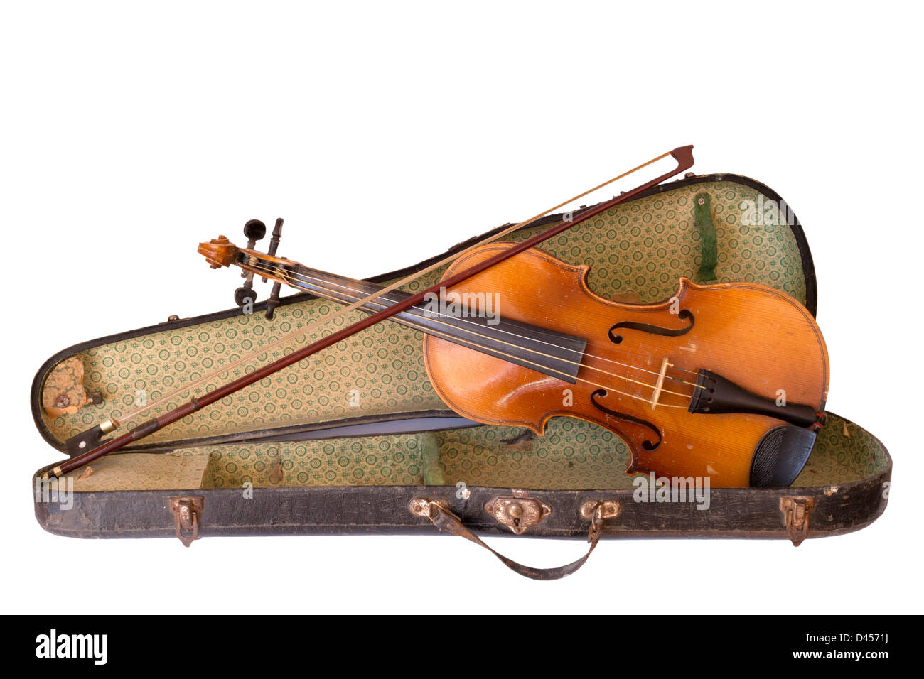 Vecchio violino con il suo caso vintage su sfondo bianco Foto Stock