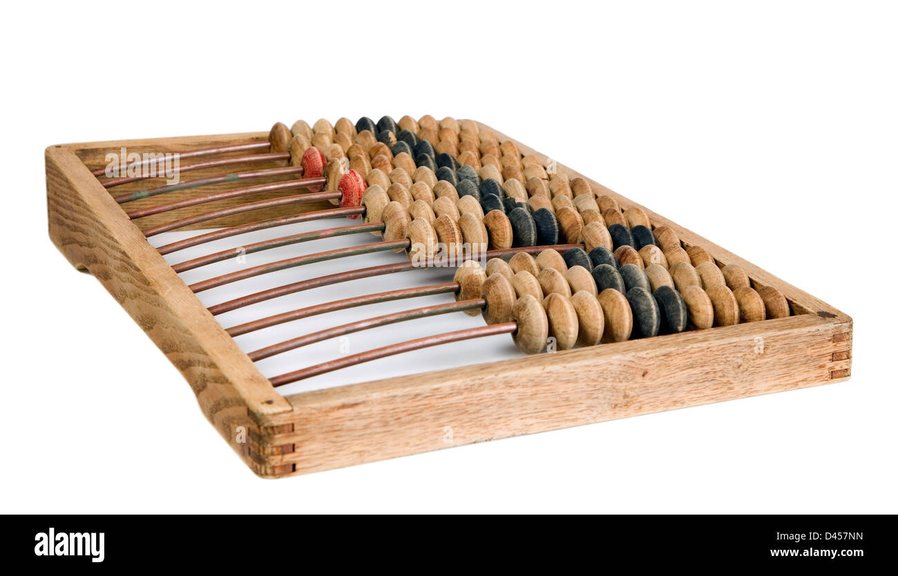 Vecchia calcolatrice matematica abacus fatta di legno e barre di metallo Foto Stock