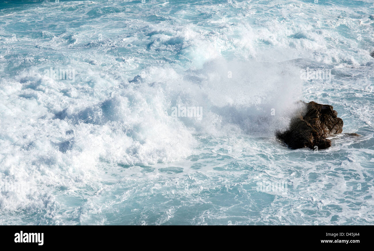 Oceano onde che si schiantano contro le rocce vicino a Bondi Foto Stock