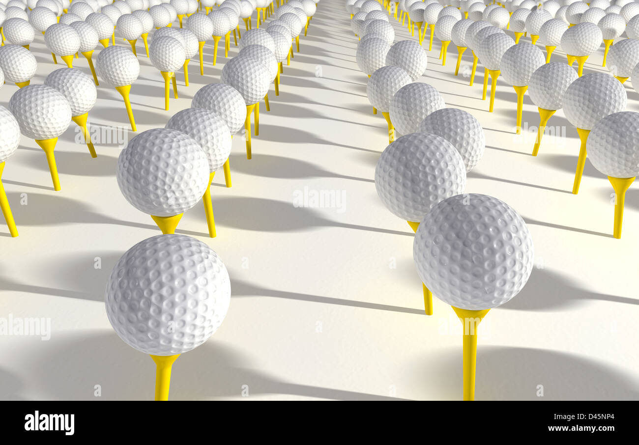 Una piantagione di mistico dove palline da golf sono coltivati in righe e crescere sul golf tees Foto Stock