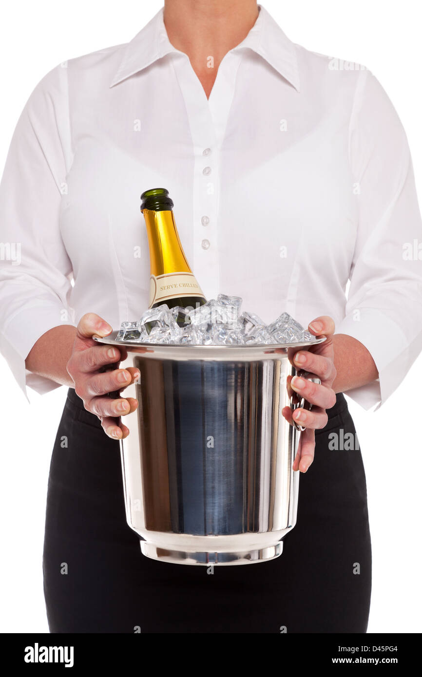Cameriera di trattenimento di un secchiello per il ghiaccio con una bottiglia di champagne in esso, isolata su uno sfondo bianco. Foto Stock