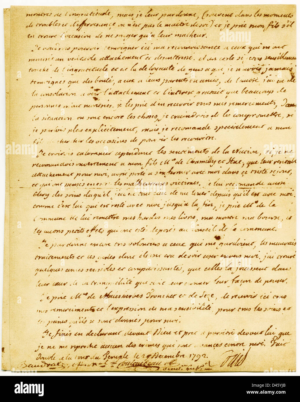 Ultima pagina della volontà di Luigi XVI, realizzata nel tempio il carcere pur essendo tenuto prigioniero lì, 29 dicembre 1792. Foto Stock