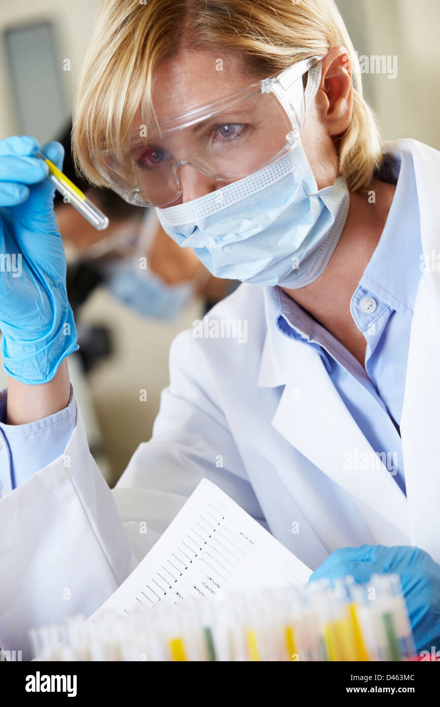 Donna scienziato studiando provetta di test in laboratorio Foto Stock