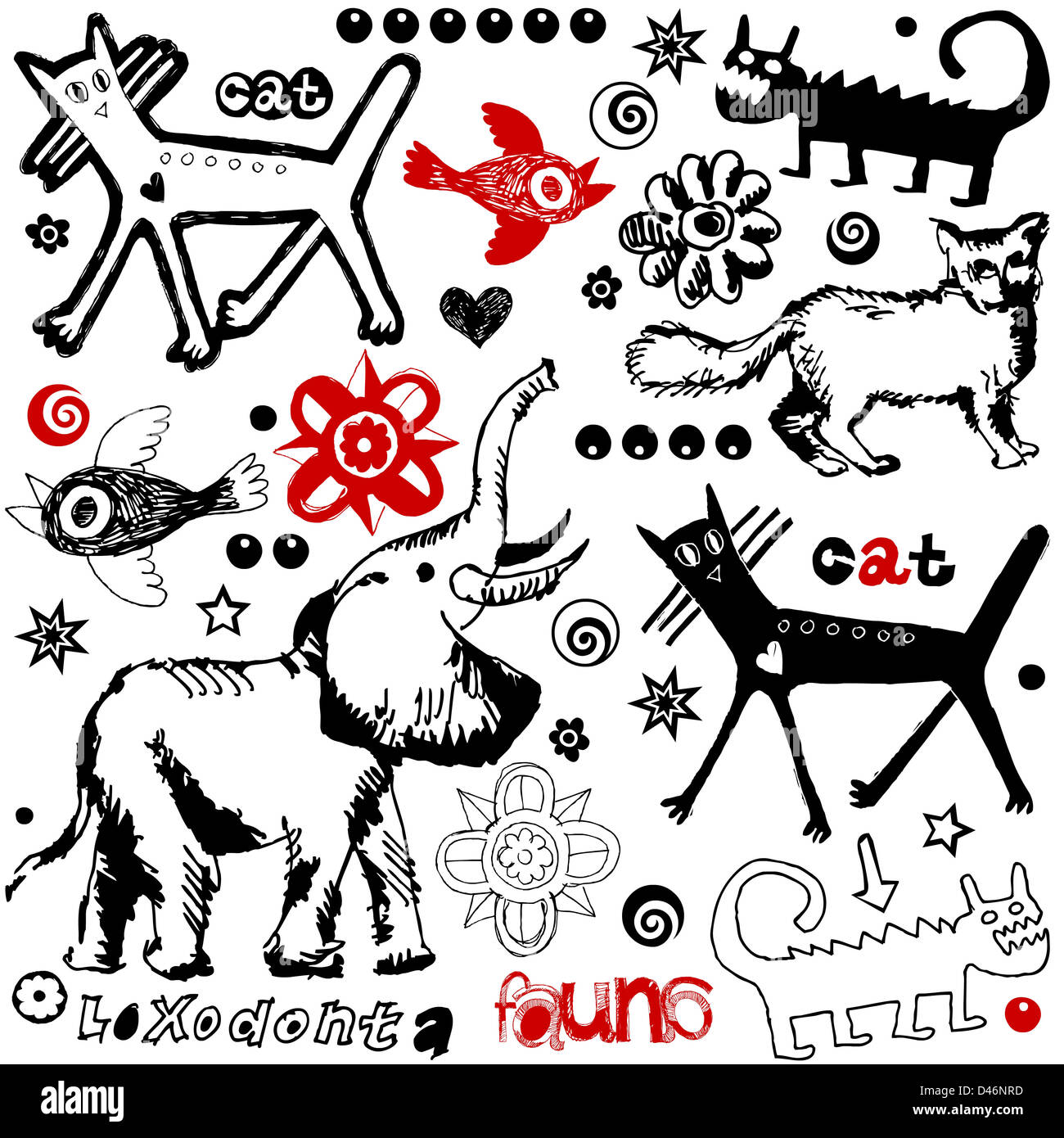 Crazy animali, disegnati a mano gli elementi di design su sfondo bianco Foto Stock