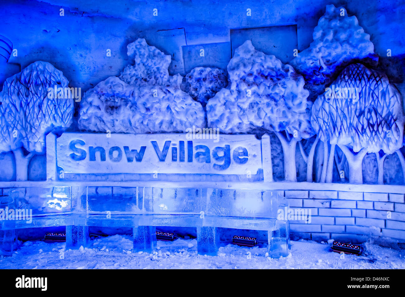 I segni nella lobby, Montreal Snow Village, Ile Sainte-Helene, Parc Jean-Drapeau, Montreal, Quebec, Canada. Foto Stock