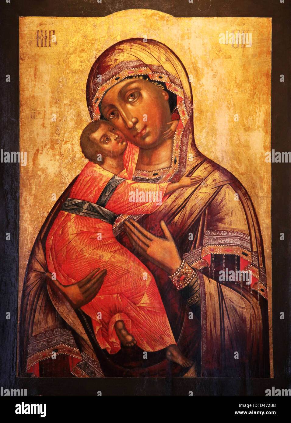 Icona ortodossa Madonna di Vladimir metà XVIII ct. A Kostroma, Russia. Foto Stock