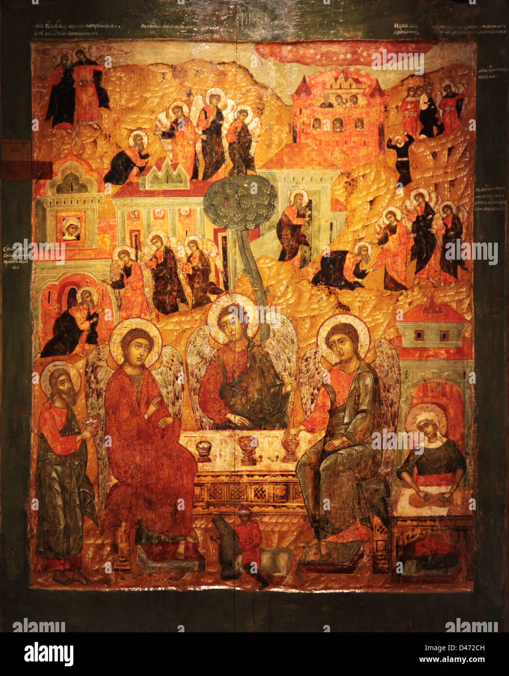 Icona ortodossa della Santa Trinità, con dedds della fine del XVII ct. Galitch, Russia. Foto Stock