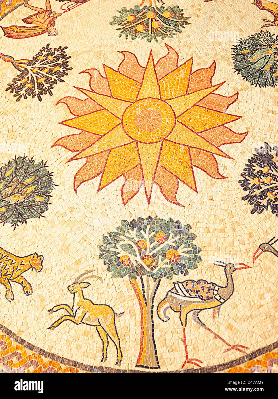 Un colorato pezzo di mosaico di Madaba, Giordania Foto Stock