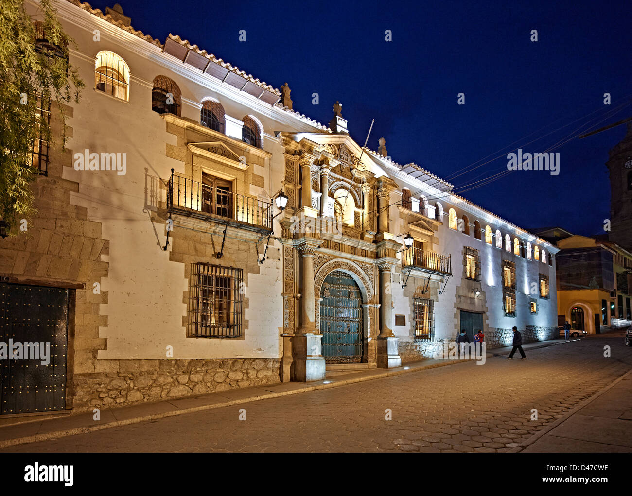 Night Shot della Casa de la Moneda, architettura coloniale in Potosi, Bolivia, Sud America Foto Stock