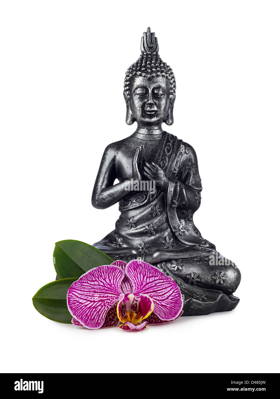 Scultura di buddha con la fioritura di orchidee Foto Stock