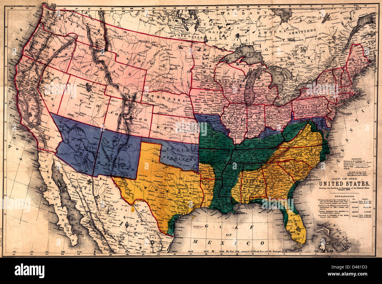 Mappa degli Stati Uniti, che mostra il territorio in possesso dell'Unione federale, Gennaio, 1864. Foto Stock