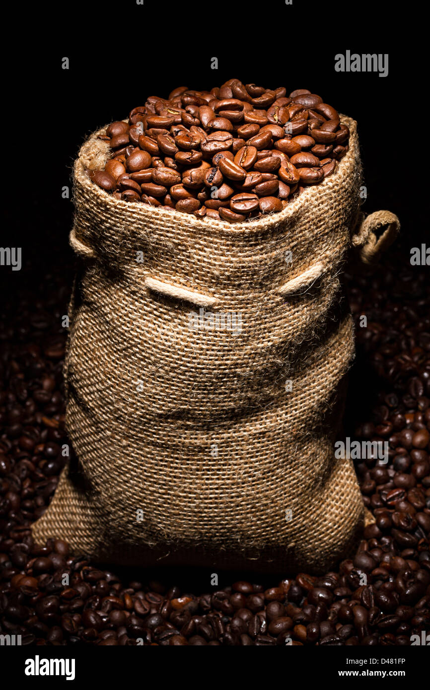 Sacco riempito con i chicchi di caffè in Spotlight Foto Stock