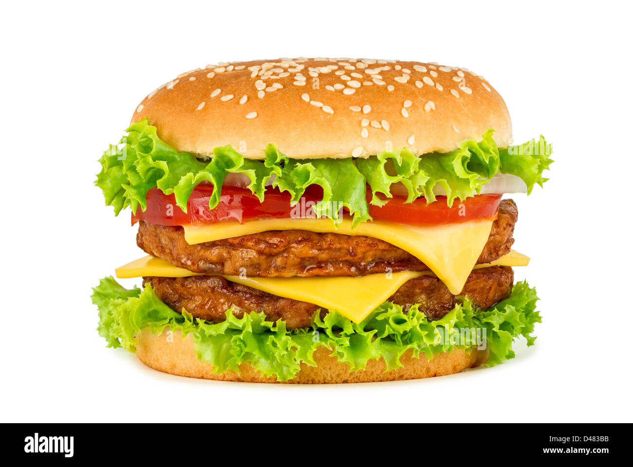 Doublel cheeseburger davanti a uno sfondo bianco Foto Stock