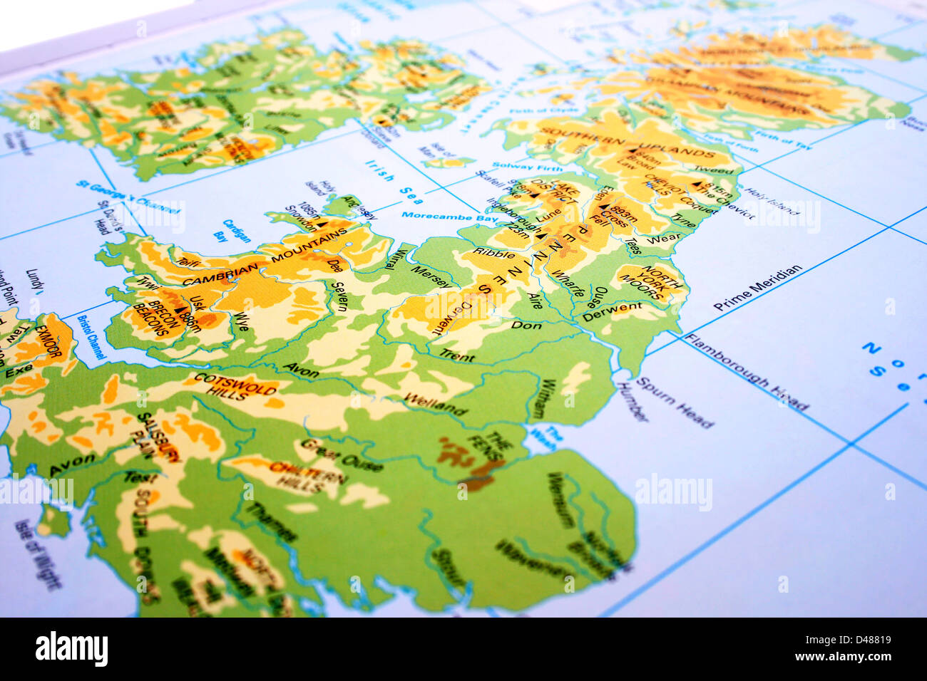 Regno Unito mappa, montagne, fiumi. Foto Stock