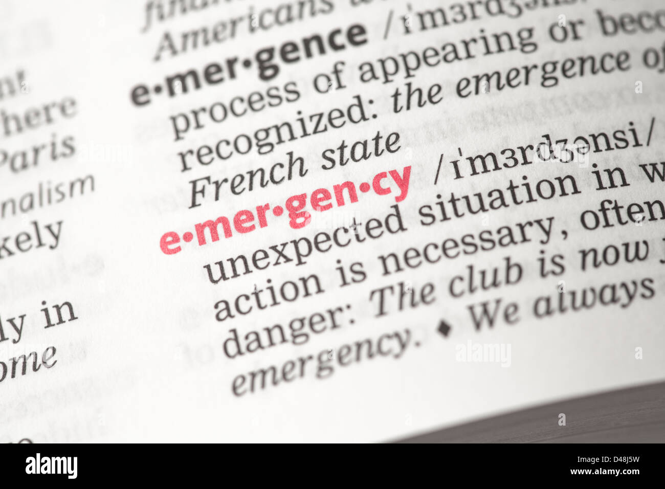 Definizione di emergenza Foto Stock