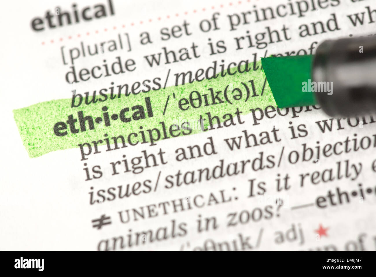 Definizione di etica evidenziato in verde Foto Stock