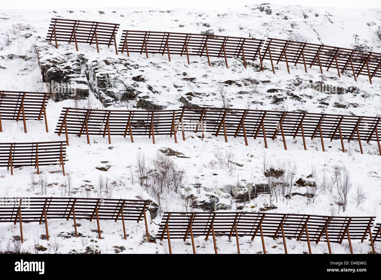 Recinzioni eretto su di una ripida collina che si affaccia su case in Norvegia per proteggerli contro la caduta di neve o a valanga Foto Stock