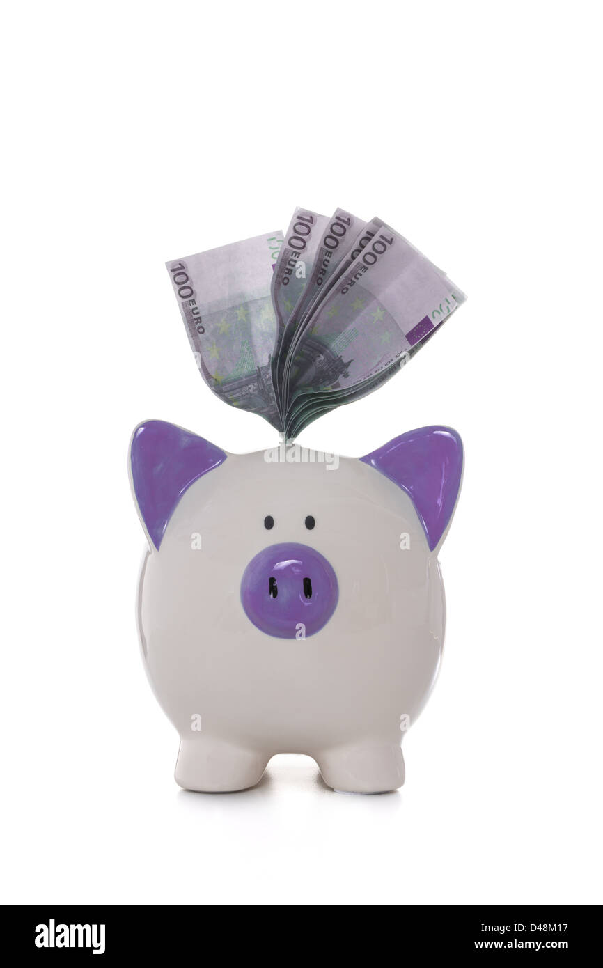 Euro fuori del dipinto a mano viola e bianco salvadanaio Foto Stock
