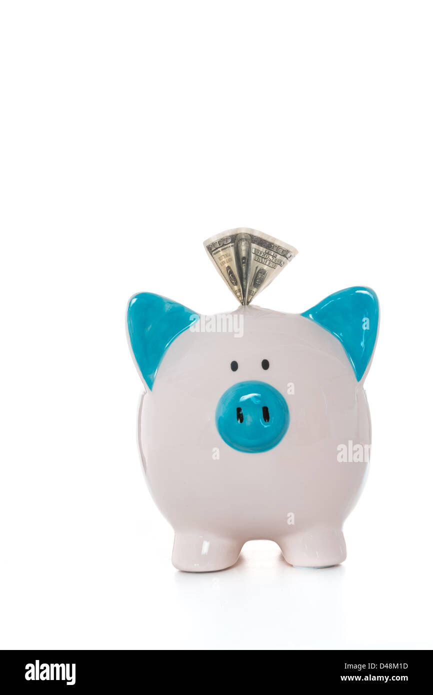 Dollar nota fuori del dipinto a mano blu e bianco salvadanaio Foto Stock