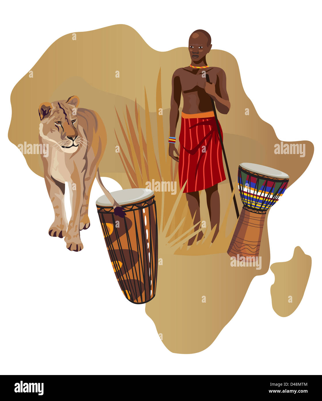Illustrazione con l Africa mappa e simboli africani Foto Stock