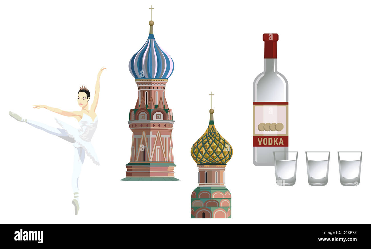 Illustrazione delle torri del Cremlino, ballerina e vodka russa, isolato su sfondo bianco Foto Stock