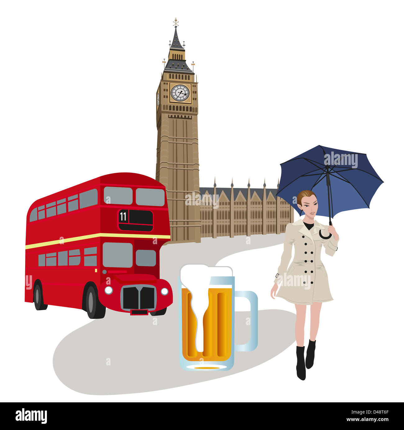 Illustrazione del Big Ben Tower, London bus, birra e una donna con un ombrello Foto Stock