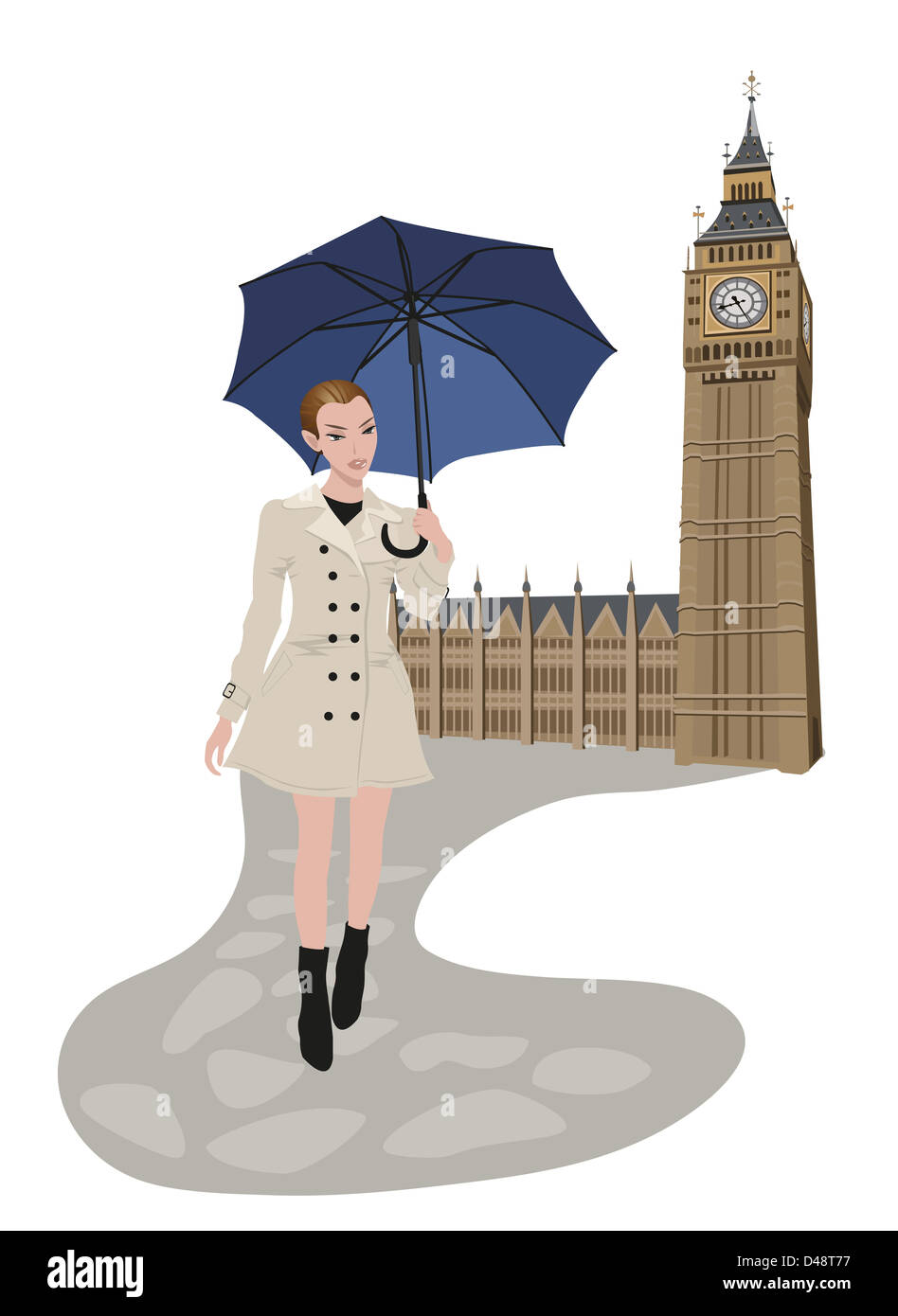 Illustrazione del Big Ben tower e una donna con un ombrello Foto Stock