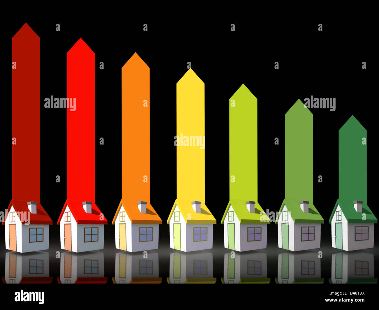 Sette 3d abitazioni che rappresenta l'efficienza energetica Foto Stock