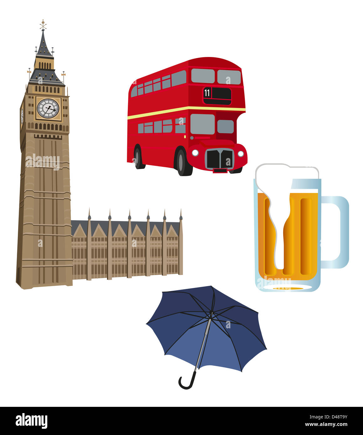 Illustrazione del Big Ben Tower, London bus, birra e un ombrello Foto Stock