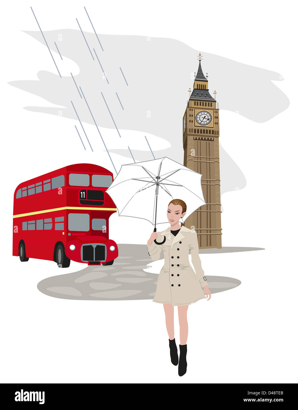 Illustrazione del Big Ben Tower, London bus e una donna con un ombrello Foto Stock